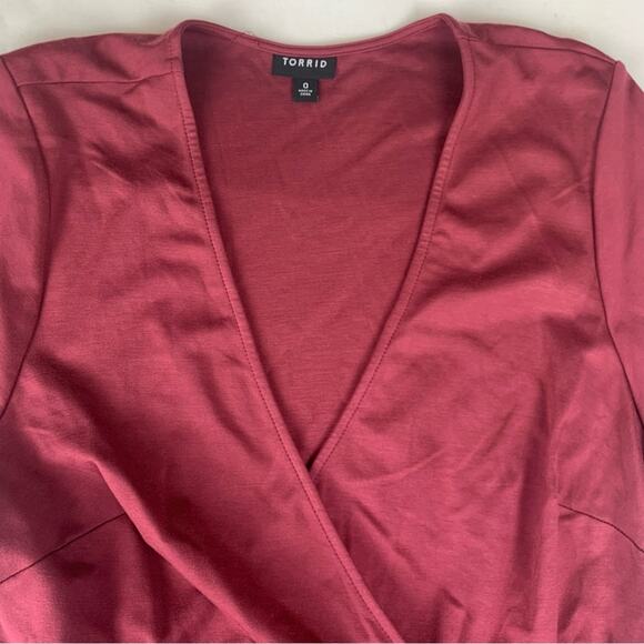 Torrid size 0 large 12 Red A-Line faux Wrap Midi Dress knee length wine - Picture 6 of 13